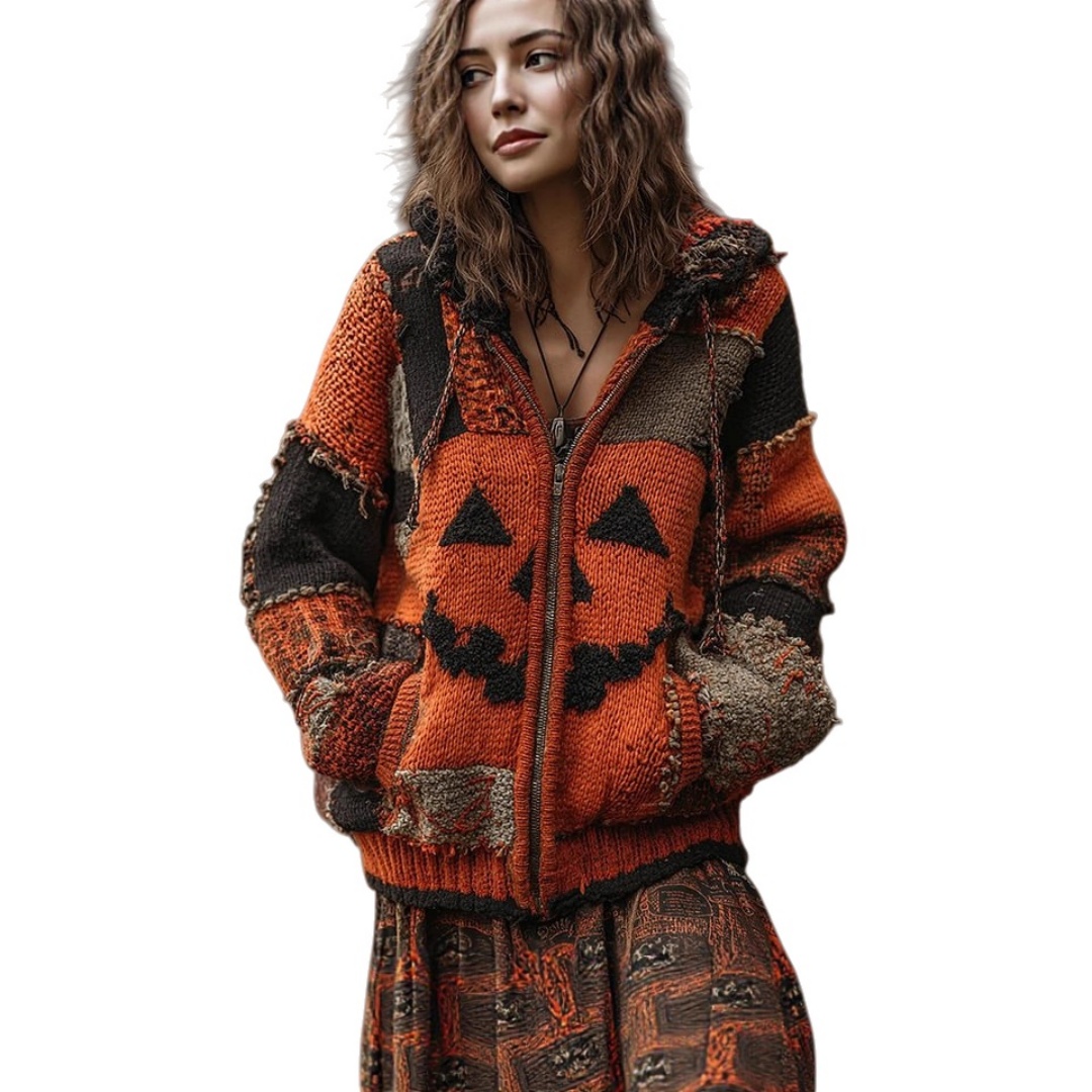 Halloween Sweater Winter Gothic Oversized Knit Cardigan Patchwork Print Knit Top